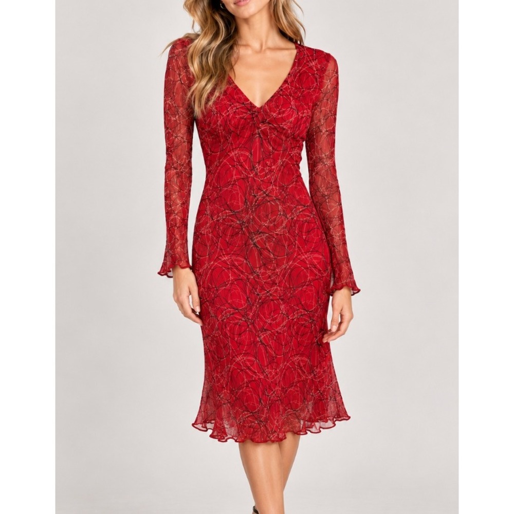 Vtg Mica Red Silk Mesh Abstract Swirl V-Neck Dress Long Sleeve 6 USA Y2k Whimsy